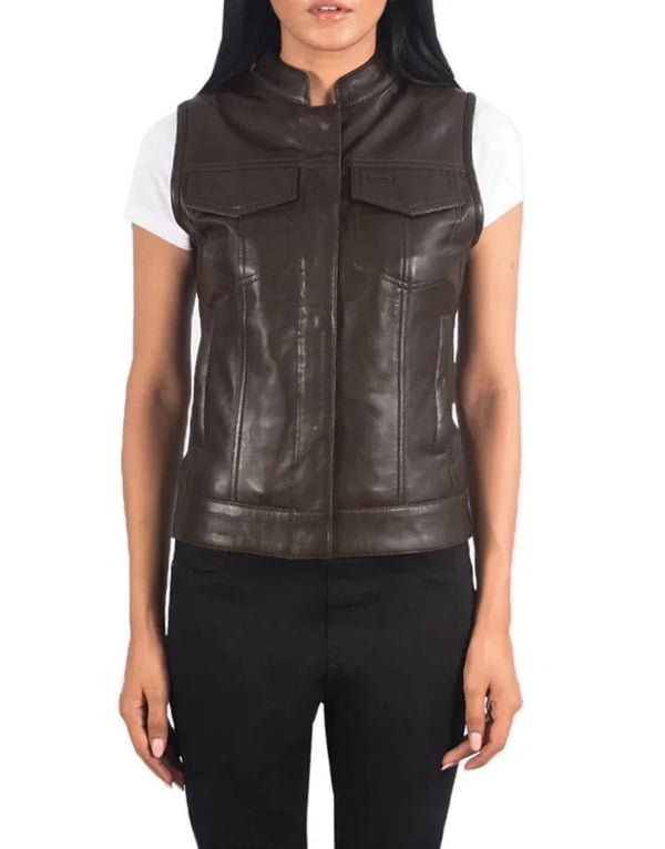 Brown leather vest worn by a person on a white background