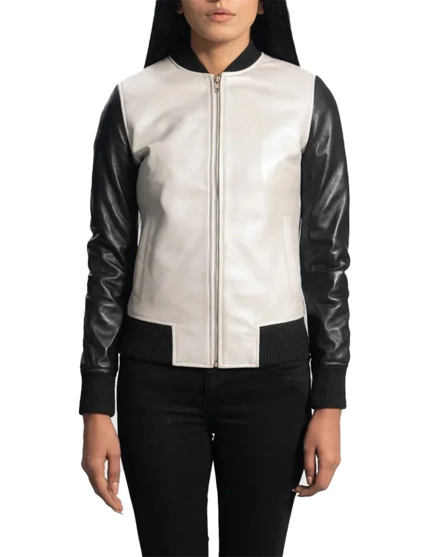 Women's White and Black Bomber Leather Jacket