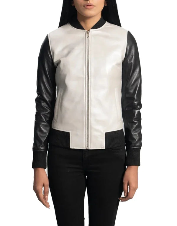 Women's White and Black Bomber Leather Jacket