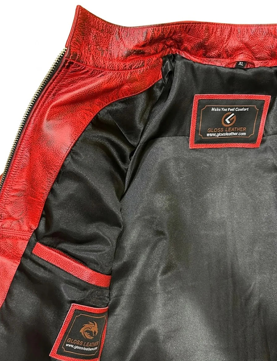 Quilted Cafe Racer Red Distressed Moto Leather Jacket