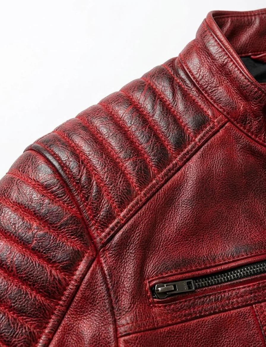 Quilted Cafe Racer Red Distressed Moto Leather Jacket