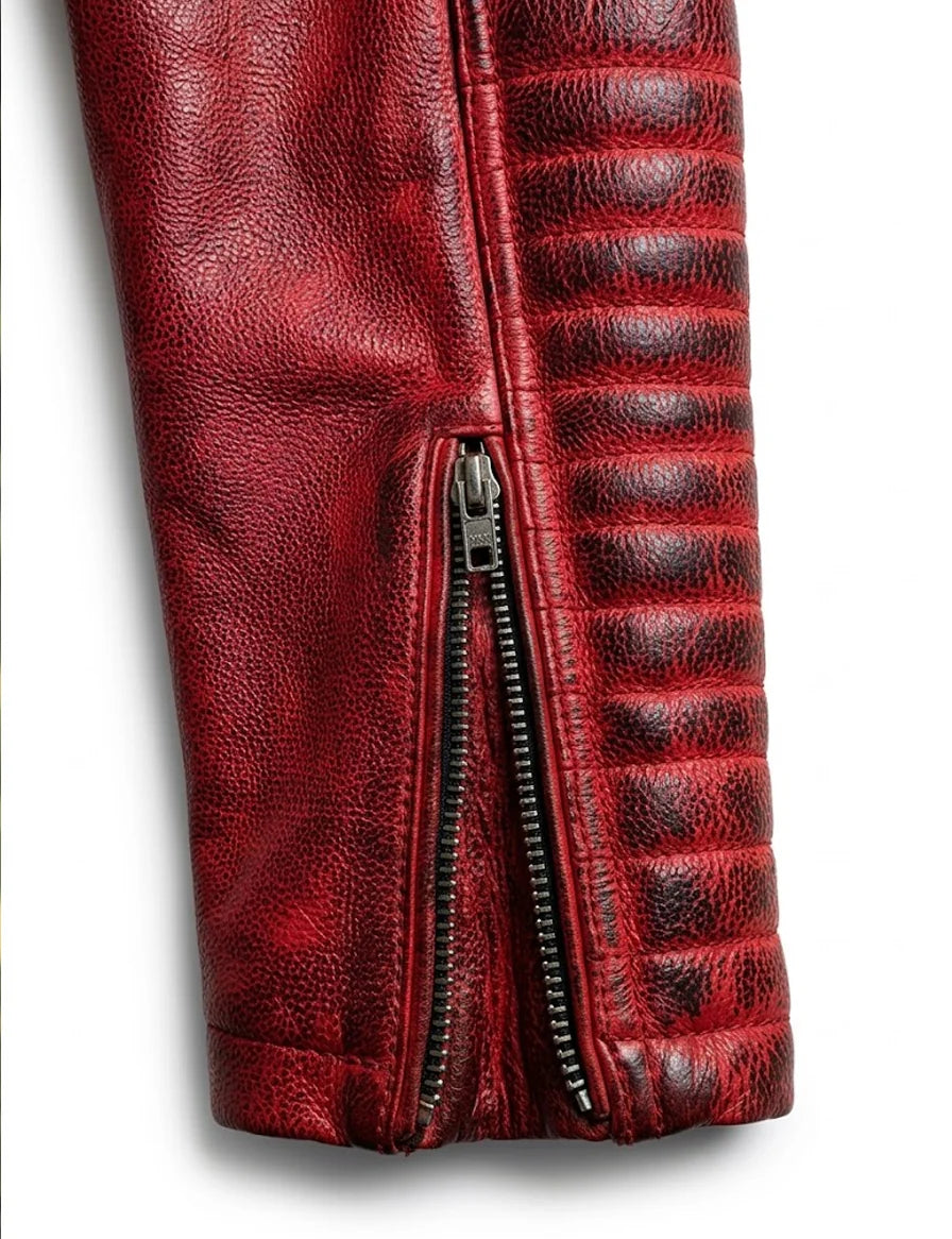 Quilted Cafe Racer Red Distressed Moto Leather Jacket