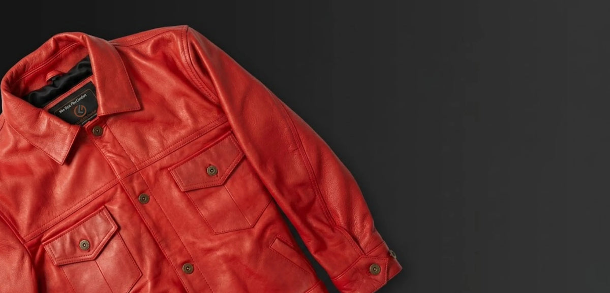 Men’s Red Leather Shirt Jacket – Trucker Style