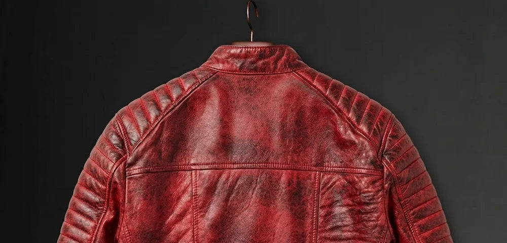 Quilted Cafe Racer Red Distressed Moto Leather Jacket