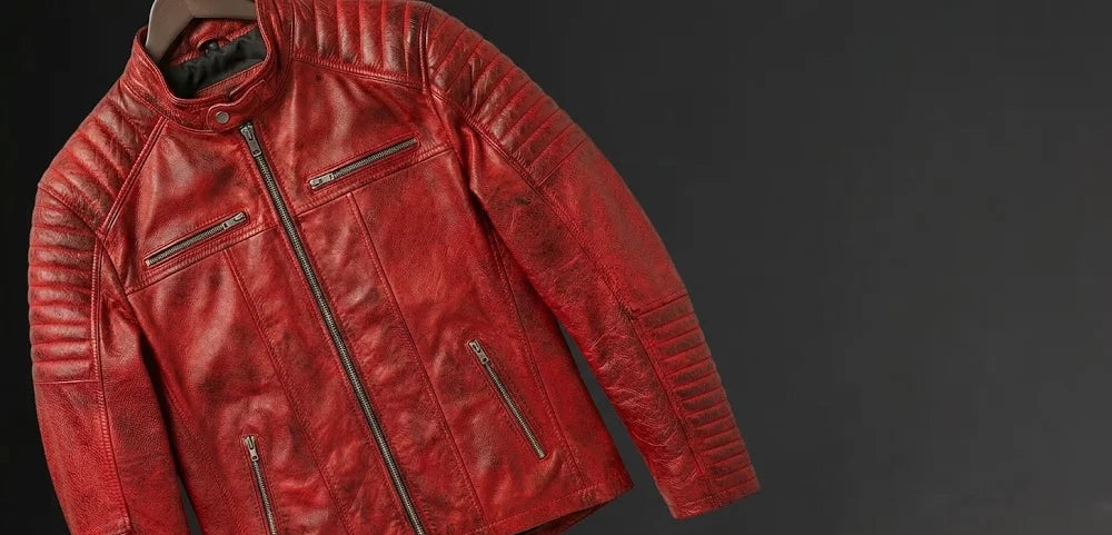 Quilted Cafe Racer Red Distressed Moto Leather Jacket