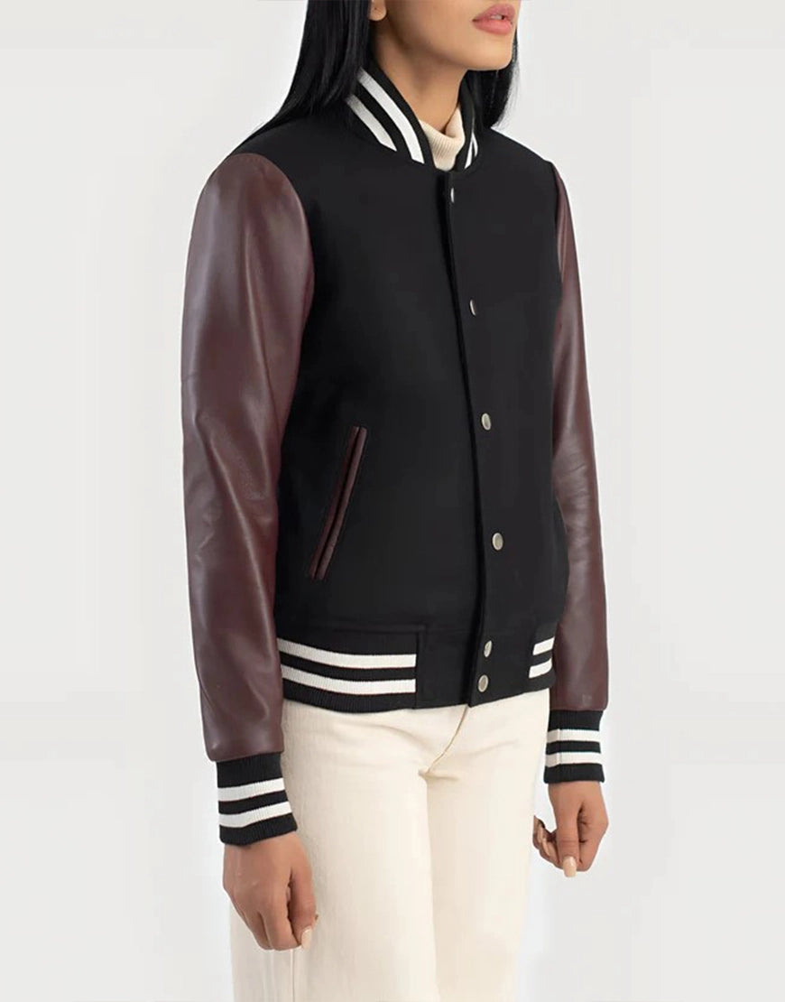 maroon and black women bomber varsity jacket street style outfit inspiration