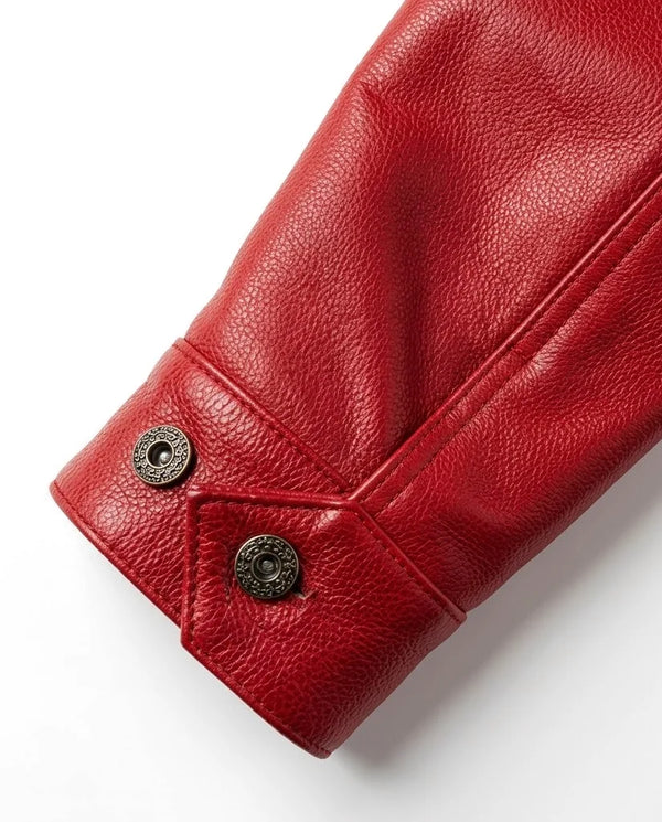 Premium men’s red leather shirt jacket with trucker design | Gloss Leather