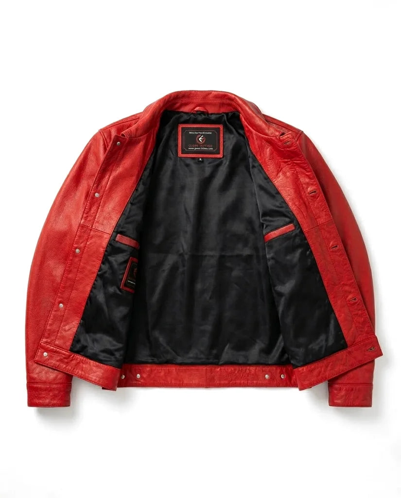 High-quality men’s red leather trucker jacket shirt – Gloss Leather collection