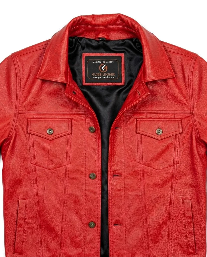 Fashionable red leather shirt jacket for men, trucker fit – Gloss Leather