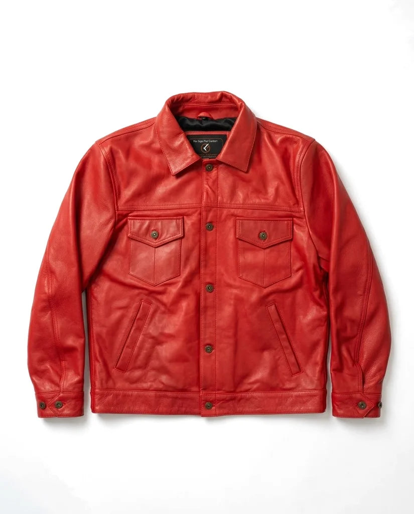 Modern red leather shirt jacket for men in classic trucker style – Gloss Leather