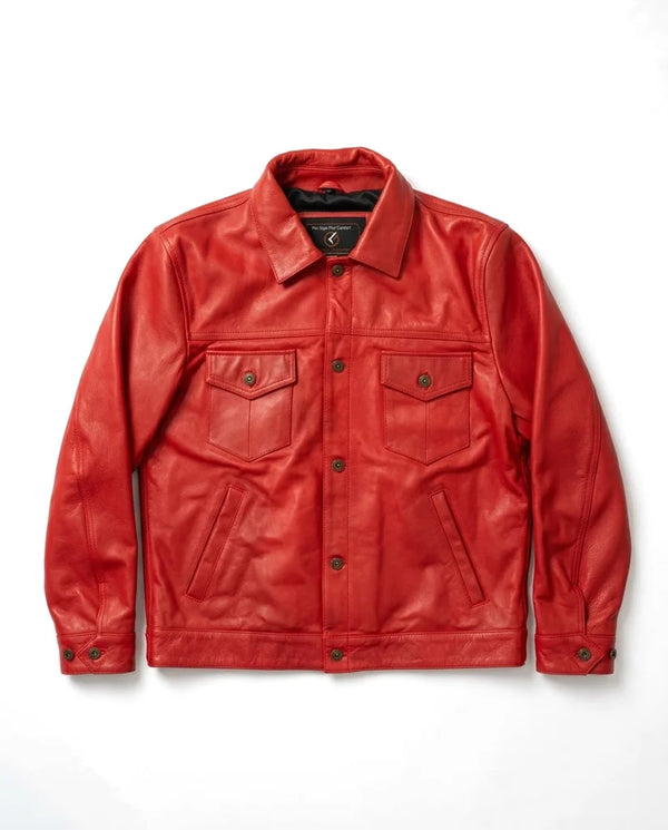 Modern red leather shirt jacket for men in classic trucker style – Gloss Leather