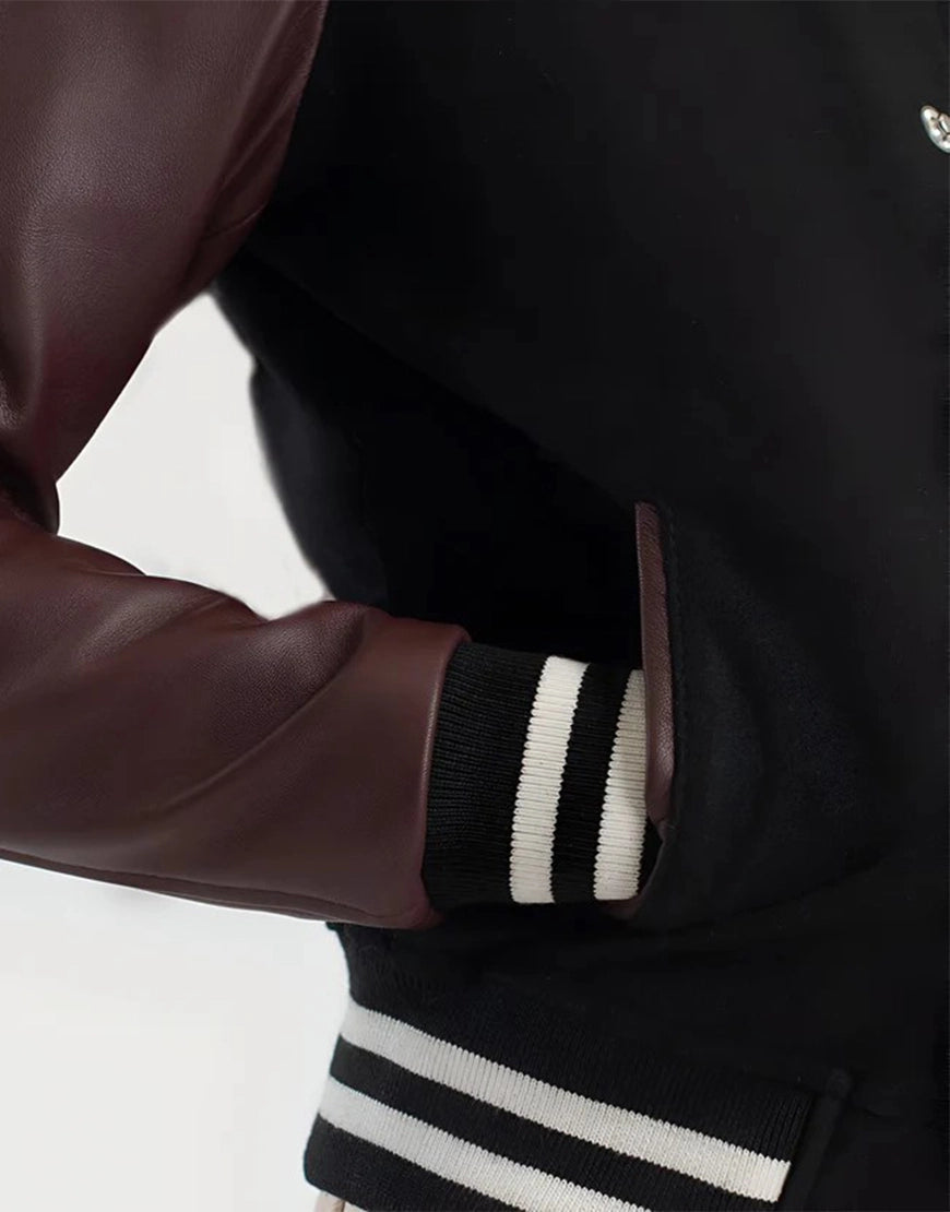 stylish women varsity jacket maroon body with black sleeves modern fashion