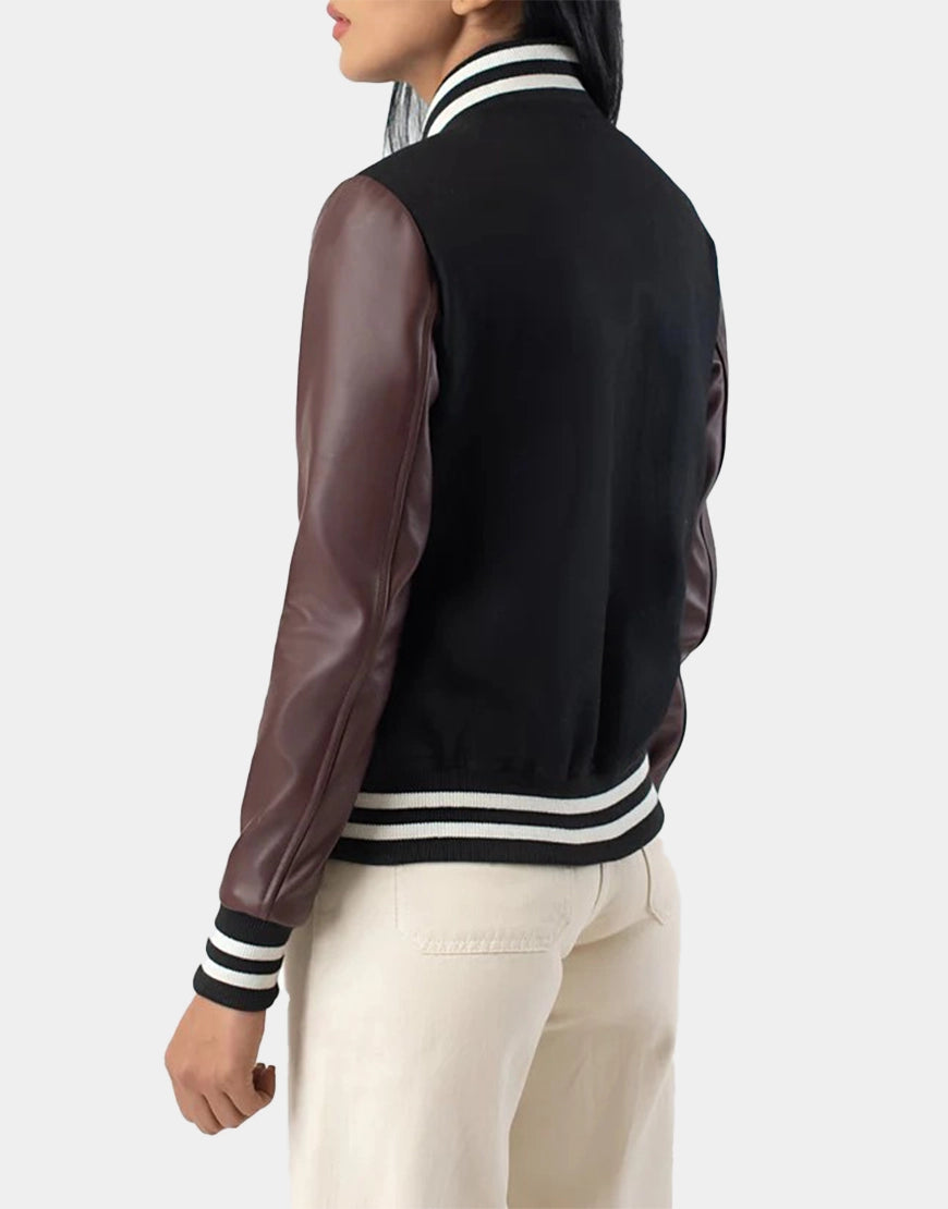 women varsity jacket maroon and black hybrid bomber style casual fashion wear